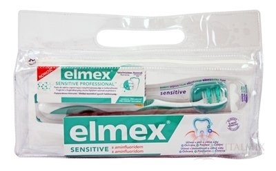 ELMEX SENSITIVE SADA zubní pasta 75 ml + zubní pasta 20 ml + zubní kartáček 1 ks + cestovní taštička, 1x1 set