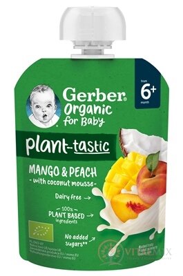 Gerber Organic Kapsička Mango, broskev, kokos bio ovocná svačinka (od ukonč. 6. měsíce) 1x80 g