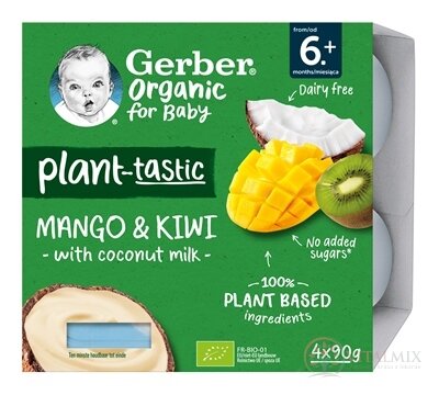 Gerber Organic Rostlinný dezert Mango a kiwi s kokosovým mlékem (od ukonč. 6. měsíce) 4x90 g