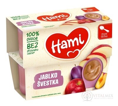 Hami ovocný příkrm 100% ovoce Jablko a švestka první lžička (od ukonč. 4. měsíce) 4x100 g (400g)