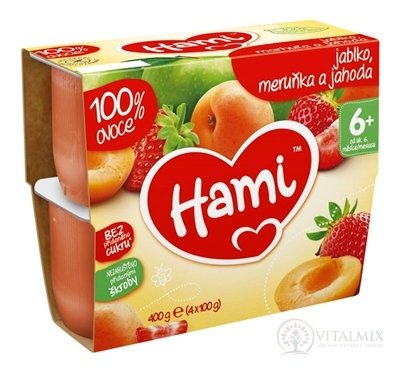 Hami ovocný příkrm 100% ovoce Jablko, meruňka a jahoda (od ukonč. 6. měsíce) 4x100 g (400g)