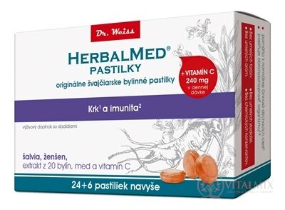 HERBALMED PASTILKY při nachlazení - Dr.Weiss (šalvěj, ženšen, 20 bylin, vit.C) pastilky 24 + 6 navíc (30 ks)