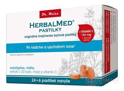HERBALMED PASTILKY při rýmě - Dr.Weiss (eukalyptus, máta, 20 bylin, vit.C) pastilky 24 + 6 navíc (30 ks)