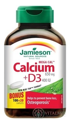 JAMIESON MEGA CAL VÁPNÍK + VITAMIN D3 tbl (650 mg / 400 IU) 100 + 20 zdarma (120 ks)