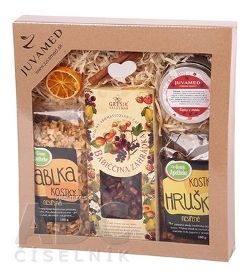 JUVAMED KAZETA Babiččin ZAHRADA čaj Babiččina zahrada 100 g + kostky (hruška + jablko) 2x100 g + Šipky v medu 125 g, 1x1 set