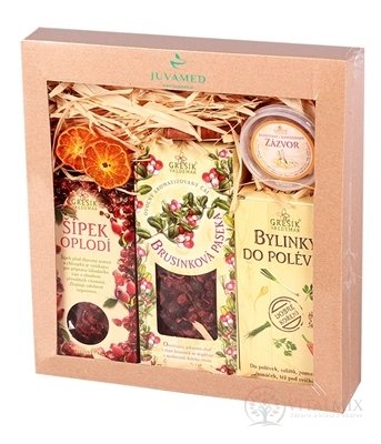 JUVAMED KAZETA brusinková LOUKA čaj Brusinková zahrada 100 g + Šipka oplodí 70 g + Bylinky do polévky 100g + Zázvor 50 g, 1x1 set