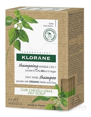 KLORANE Shampooing MASQUE 2en1 šampon-maska 2v1v prášku s BIO kopřivou a jílem, kapsy 1x8 ks