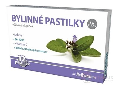 MedPharma BYLINNÉ PASTILKY Bez cukru šalvěj, ženšen, vitamín C, 1x12 ks