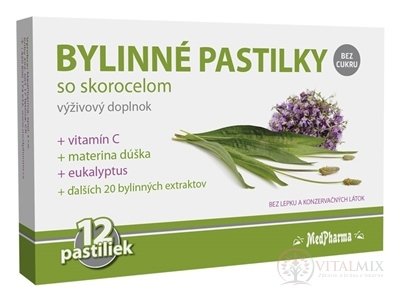 MedPharma BYLINNÉ PASTILKY Bez cukru s jitrocelem, mateřídouška, vitamin C 1x12 ks