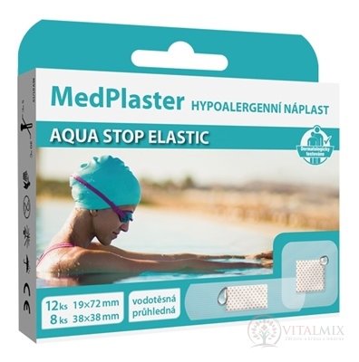 MedPlaster Náplast AQUA STOP ELASTIC (19x72 mm a 38x38 mm) voděodolná s polštářkem 1x20 ks