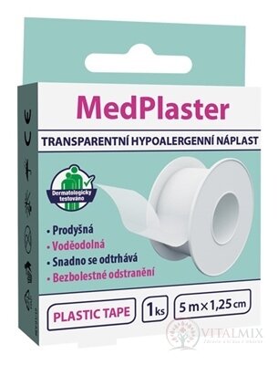 MedPlaster PLASTIC TAPE -TRANSPARENTNÍ NÁPLAST 5 m x1.25 cm, fixační, hypoalergenní, cívka 1x1 ks