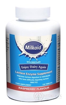 Milkaid Lactase Enzyme Supplement žvýkací tablety s malinovou příchutí 1x120 ks