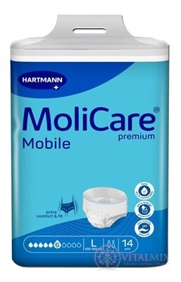 MoliCare Premium Mobile 6 kapek L plenkové kalhotky natahovací, modré, obvod 100 - 150 cm, savost 1963 ml, 1x14 ks