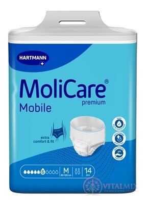 MoliCare Premium Mobile 6 kapek M plenkové kalhotky natahovací, modré, obvod 80 - 120 cm, savost 1662 ml, 1x14 ks