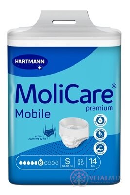 MoliCare Premium Mobile 6 kapek S plenkové kalhotky natahovací, modré, obvod 60 - 90 cm, savost 1475 ml, 1x14 ks
