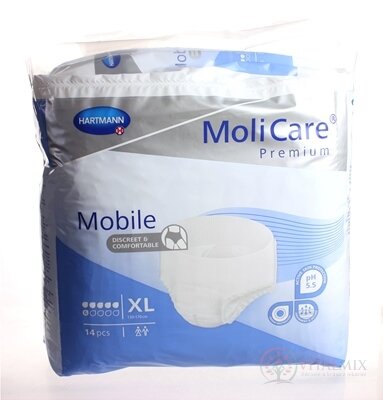 MoliCare Premium Mobile 6 kapek XL plenkové kalhotky natahovací, modré, obvod 130 - 170 cm, savost 2140 ml, 1x14 ks
