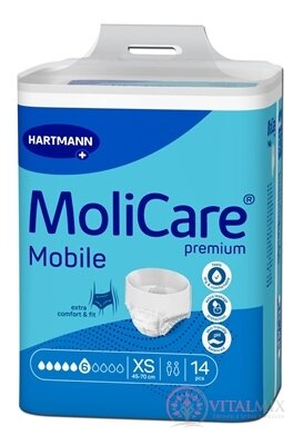MoliCare Premium Mobile 6 kapek XS plenkové kalhotky natahovací, modré, obvod 45 - 70 cm, savost 1361 ml, 1x14 ks