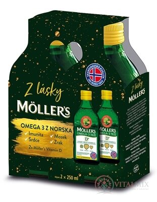 MOLLER´S Omega 3 RYBÍ OLEJ + vitamín D Duo balení, citrónová příchuť 2x250 ml