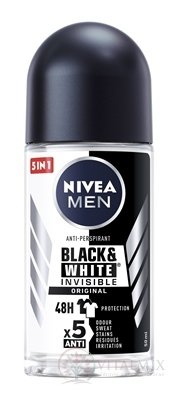 NIVEA MEN Anti-perspirant BLACK &amp; WHITE Original kuličkový, Invisible, 48H, 5xAnti 1x50 ml