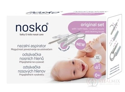 nosko Odsávačka nosních hlenů - Original set připojitelná k vysavači (1 měkká hlavice, 1 hlavice originál, čistící kartáček) 1x1 set