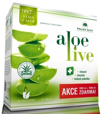 Pharma Activ AloeLive AKCE (1 + 1 ZDARMA) šťáva z aloe 99,7% 2x1000 ml (2000 ml), 1x1 set