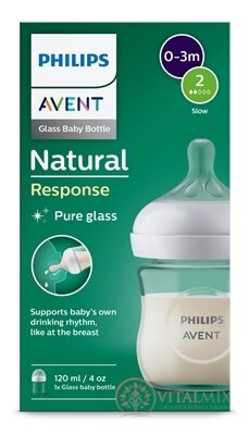 AVENT LÁHVE Natural Response 120 ml skleněná, dudlík pro podporu rytmu pití (0m+) 1x1 ks