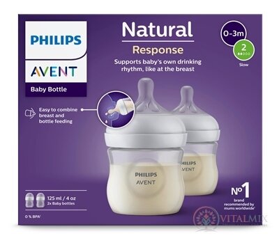 AVENT LÁHVE Natural Response 125 ml průhledná, dudlík pro podporu rytmu pití (0m+) 1x2 ks