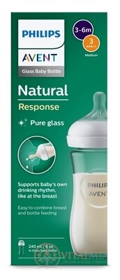 AVENT LÁHVE Natural Response 240 ml skleněná, dudlík pro podporu rytmu pití (1m+) 1x1 ks