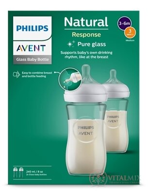 AVENT LÁHVE Natural Response 240 ml skleněná, dudlík pro podporu rytmu pití (1m+) 1x2 ks