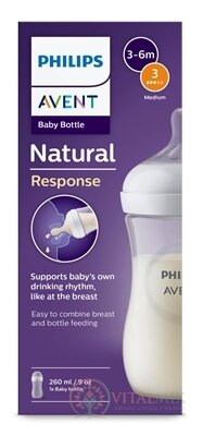 AVENT LÁHVE Natural Response 260 ml průhledná, dudlík pro podporu rytmu pití (1m+) 1x1 ks