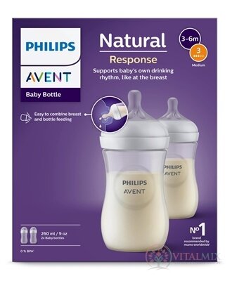 AVENT LÁHVE Natural Response 260 ml průhledná, dudlík pro podporu rytmu pití (1m+) 1x2 ks
