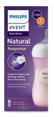 AVENT LÁHVE Natural Response 260 ml růžová, dudlík pro podporu rytmu pití (1m+) 1x1 ks