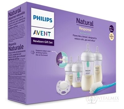 AVENT Novorozenecká SADA Natural Response s ventilem AirFree (2x láhev 125 ml, 0m+, 2x láhev 260 ml, 1m+) 1x dudlík,1x kartáček na láhev, 1x1 set