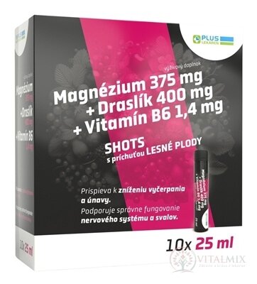 PLUS LÉKÁRNA Magnézium +Draslík +Vitamin B6 SHOTS ampule, s příchutí lesní plody 10x25 ml