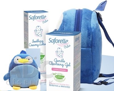 SAFORELLE Bébé balíček pro děti krémové mléko 125 ml + jemný čisticí gel 125 ml + dětský ruksačik ve tvaru tučňáka, 1x1 set