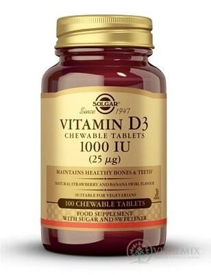 Solgar Vitamin D3 1000 IU žvýkací tbl, příchuť jahody a banánu 1x100 ks