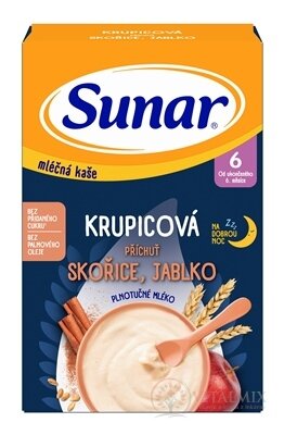 Sunar mléčná KAŠE KRUPICOVÁ Na dobrou noc příchuť skořice, jablko (od ukonč. 6. měsíce) 1x210 g