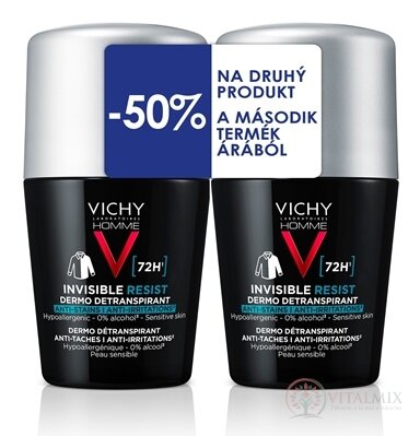 VICHY HOMME INVISIBLE RESIST DETRANSPIRANT 72H DUO detranspirant proti zápachu, roll-on (-50% na druhý produkt) 2x50 ml, 1x1 set