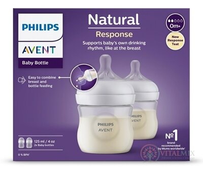 AVENT LÁHVE Natural Response 125 ml průhledná, dudlík pro podporu rytmu pití (0m+) 1x2 ks