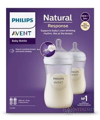 AVENT LÁHVE Natural Response 260 ml průhledná, dudlík pro podporu rytmu pití (1m+) 1x2 ks