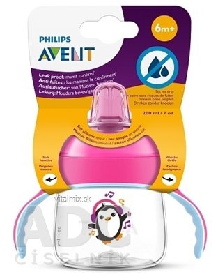 AVENT HRNEK Premium 200 ml s držadly od 6 měsíců, růžový, tučňák, 1x1 ks