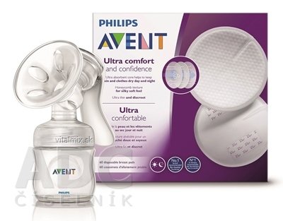 AVENT Manuální odsávačka mléka Natural AKCE odsávačka 1 ks + Dárek Prsní laktační vložky 60 ks, 1x1 set