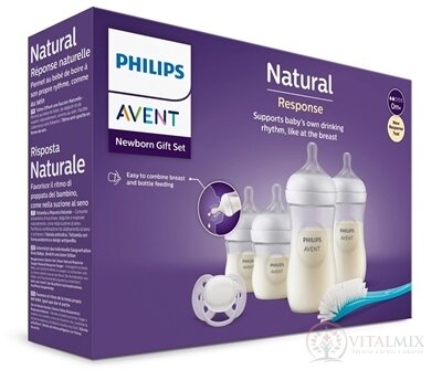 AVENT Novorozenecká SADA Natural Response plastová láhev 4x (2x125 ml, 0m+; 2x 260 ml, 1m+) 1x dudlík,1x kartáček na láhev, 1x1 set