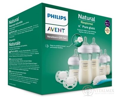 AVENT Novorozenecká SADA Natural Response skleněná láhev 5x (3x 120 ml, 0m+; 2x 240 ml, 1m+) 2x dudlík, 1x kartáček na láhev, 1x1 set