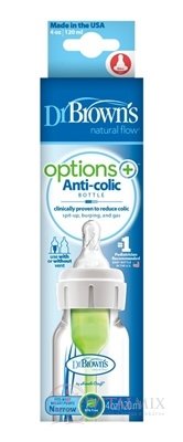 Dr.BROWN&#39;S KOJENECKÁ LÁHEV OPTIONS + 120 ml Narrow, 0M +, anti-Colic, plastová, bílá (se silikonovým dudlíkem level-1) 1x1 ks