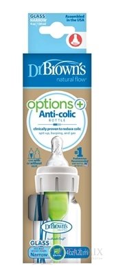 Dr.BROWN&#39;S KOJENECKÁ LÁHEV OPTIONS + 120 ml Narrow, 0M +, anti-Colic, skleněná, bílá (se silikonovým dudlíkem level-1) 1x1 ks
