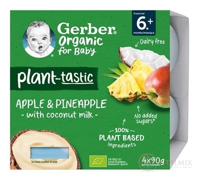 Gerber Organic Rostlinný dezert Jablko a ananas s kokosovým mlékem (od ukonč. 6. měsíce) 4x90 g