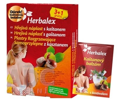 Herbalex Hřejivá náplast s kaštanem 3 + 1 grátis (4 ks) + dárek (bederní pás + kaštanový gel), 1x1 set