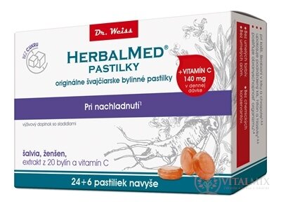 HERBALMED PASTILKY BEZ CUKRU - Dr.Weiss při nachlazení (šalvěj, ženšen, extrakt 20 bylin a vit.C) pastilky 24 + 6 navíc (30 ks)