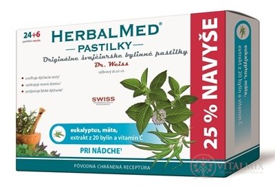 HERBALMED PASTILKY při rýmě - Dr.Weiss (eukalyptus, máta, 20 bylin, vit.C) pastilky 24 + 6 navíc (30 ks)